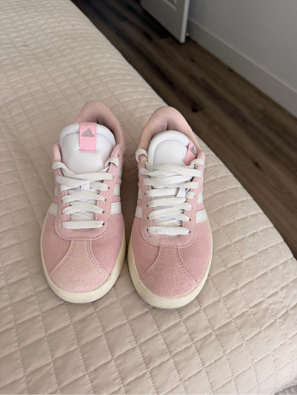 adidas White and Pink Mesh Athletic Sneakers